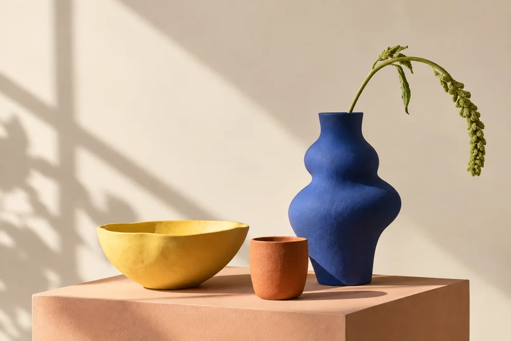 Blue sculptural vase, yellow bowl and terracotta cup in afternoon sunlight